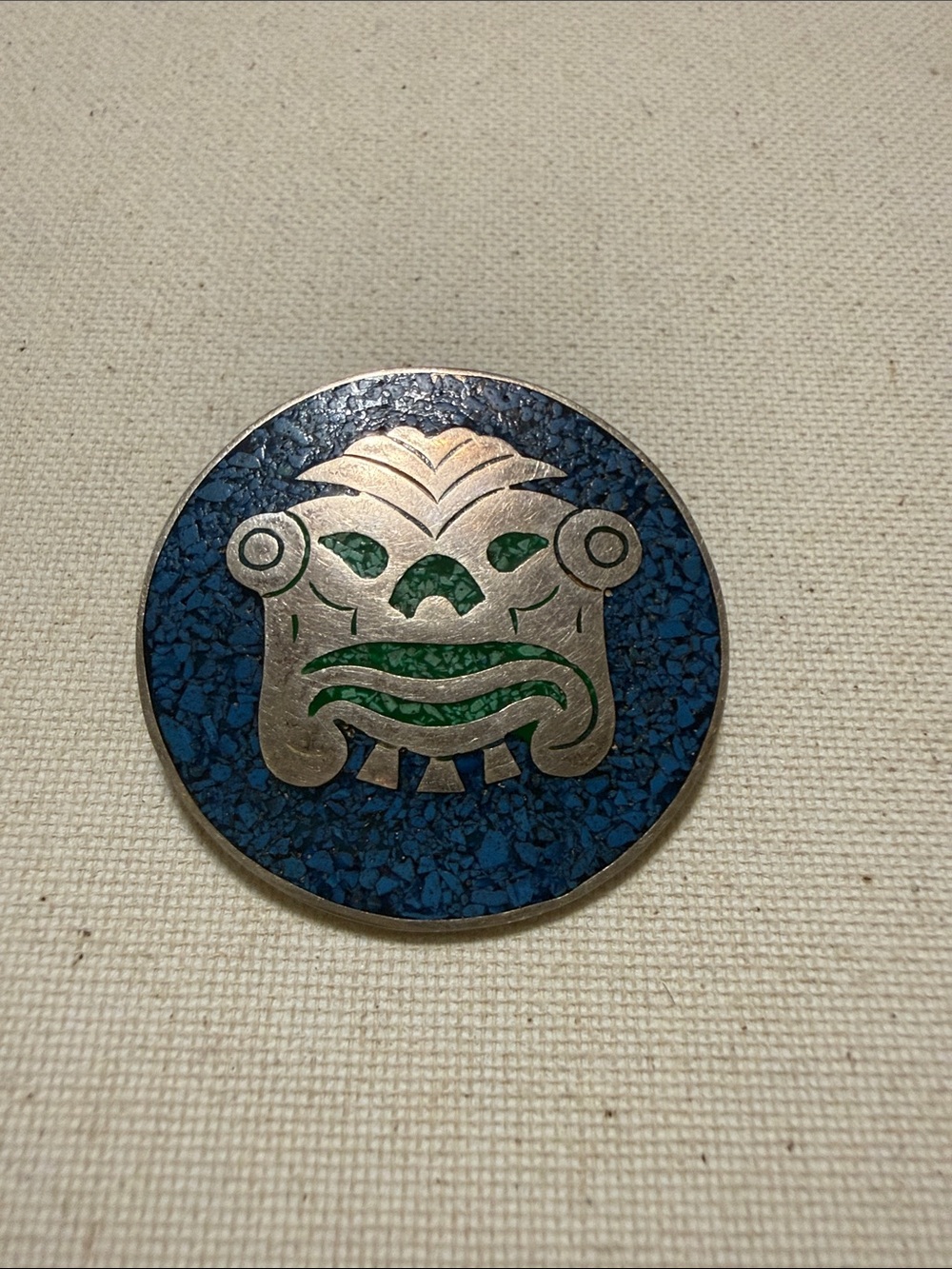 Vintage Sterling Silver 925 Mexico Tribal Face Round Inlay Brooch/Pendant - Picture 9 of 9